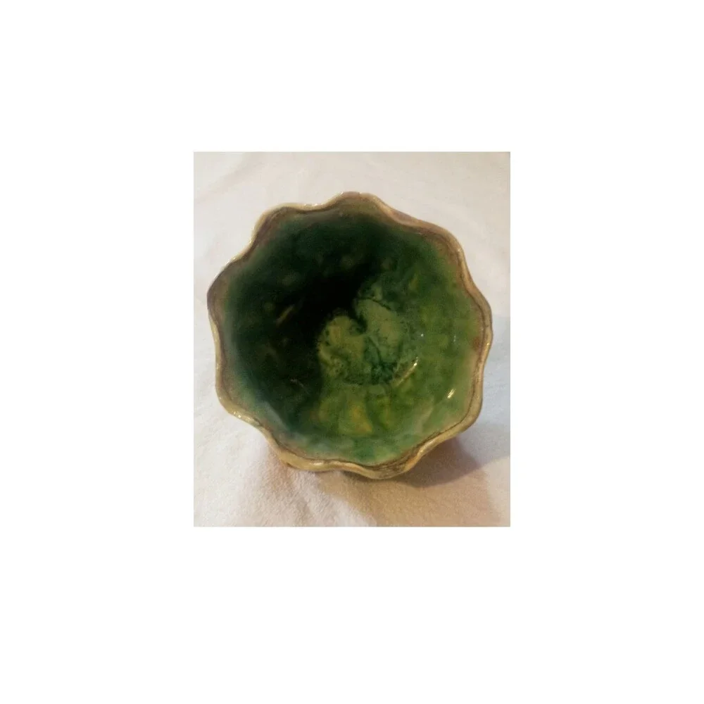Vintage Majolica Style Green Glaze Ceramic Bowl Planter | Applied Floral Leaf